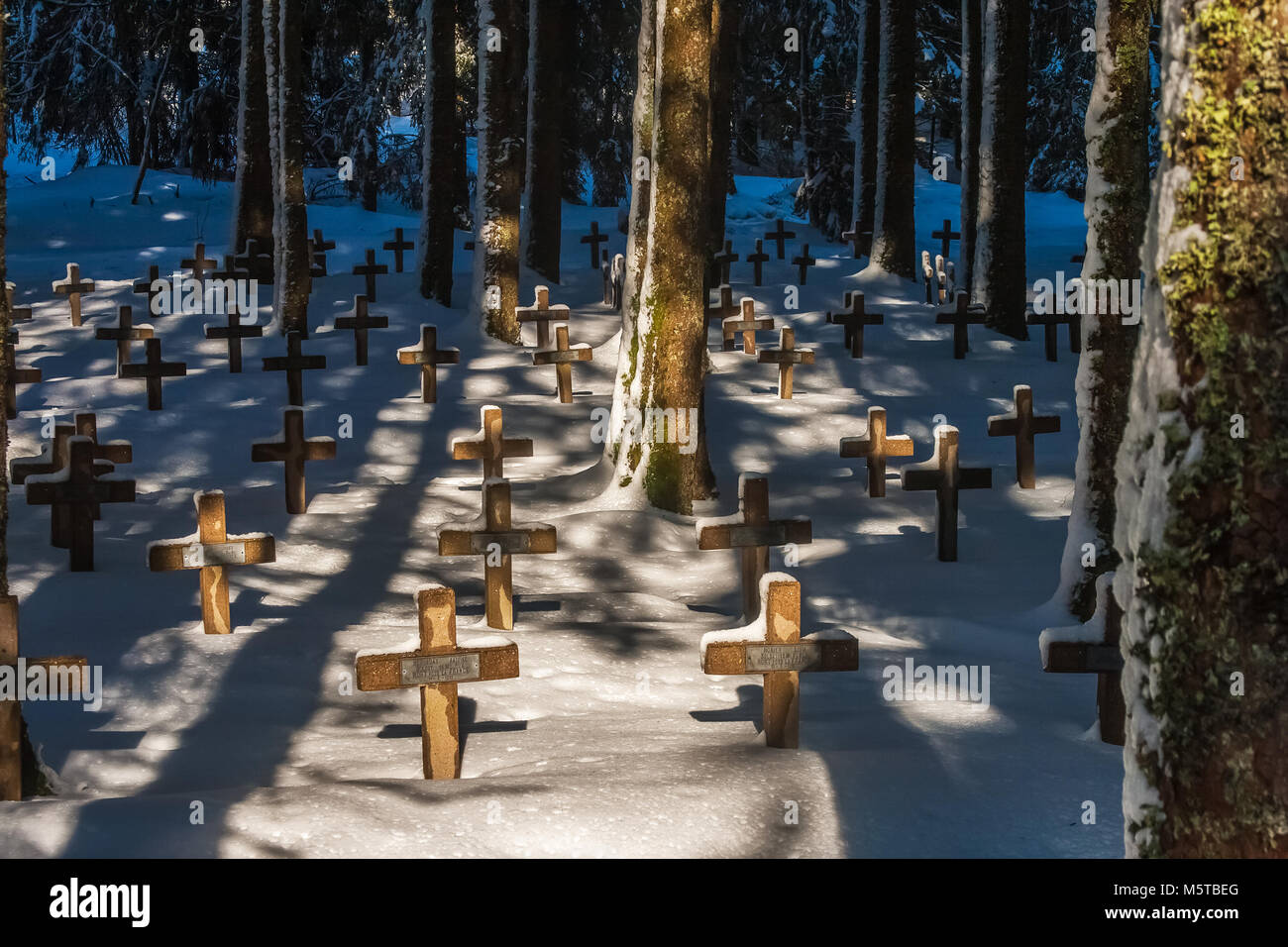 Die duchesne Friedhof im Schnee in den Vogesen, Frankreich, wo liegen die französischen Soldaten, die gestorben Figh Stockfoto