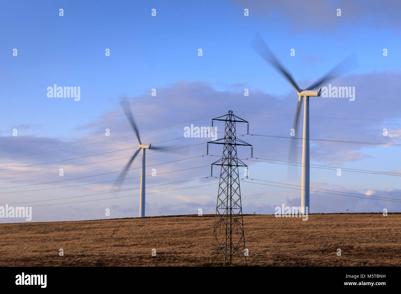 Wind Turbine und Strom pylon Mynydd y Betws Windpark Amman und Swansea Carmarthenshire Tal Neath Port Talbot Wales Stockfoto
