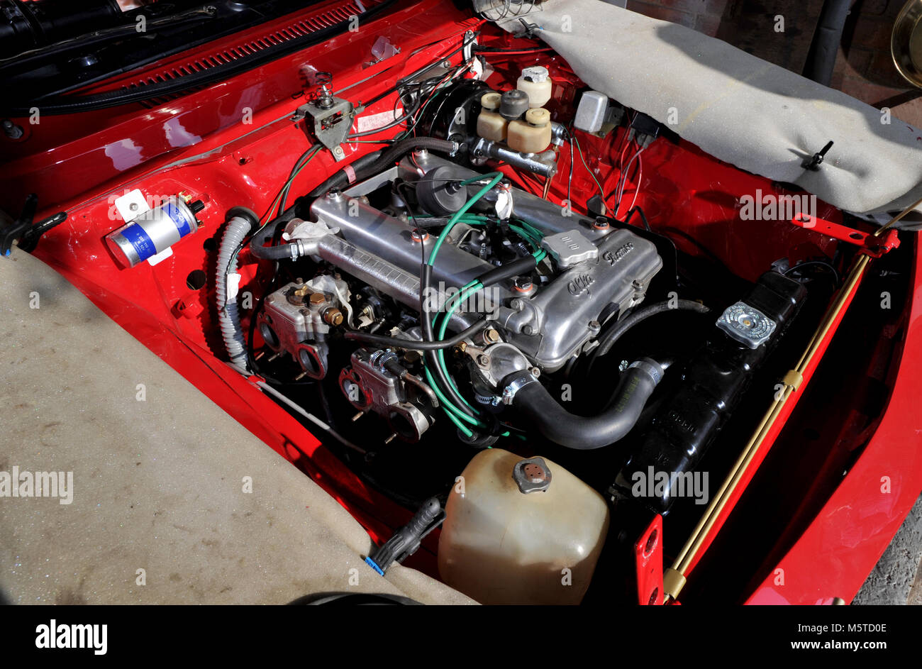 Alfa Romeo Twin Cam Motor in einem klassischen GTV Auto Stockfoto