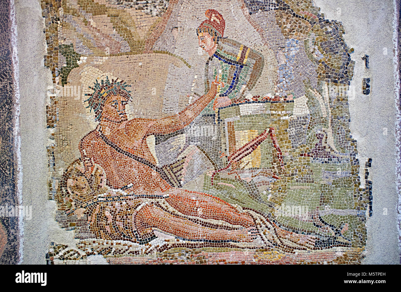 Römischen Boden Mosaik pastral Szenen und Szenen aus der Mythologie aus ein Zimmer in einer Villa in der Ortschaft Baccano in der Nähe der Via Cassia, Rom. en Stockfoto