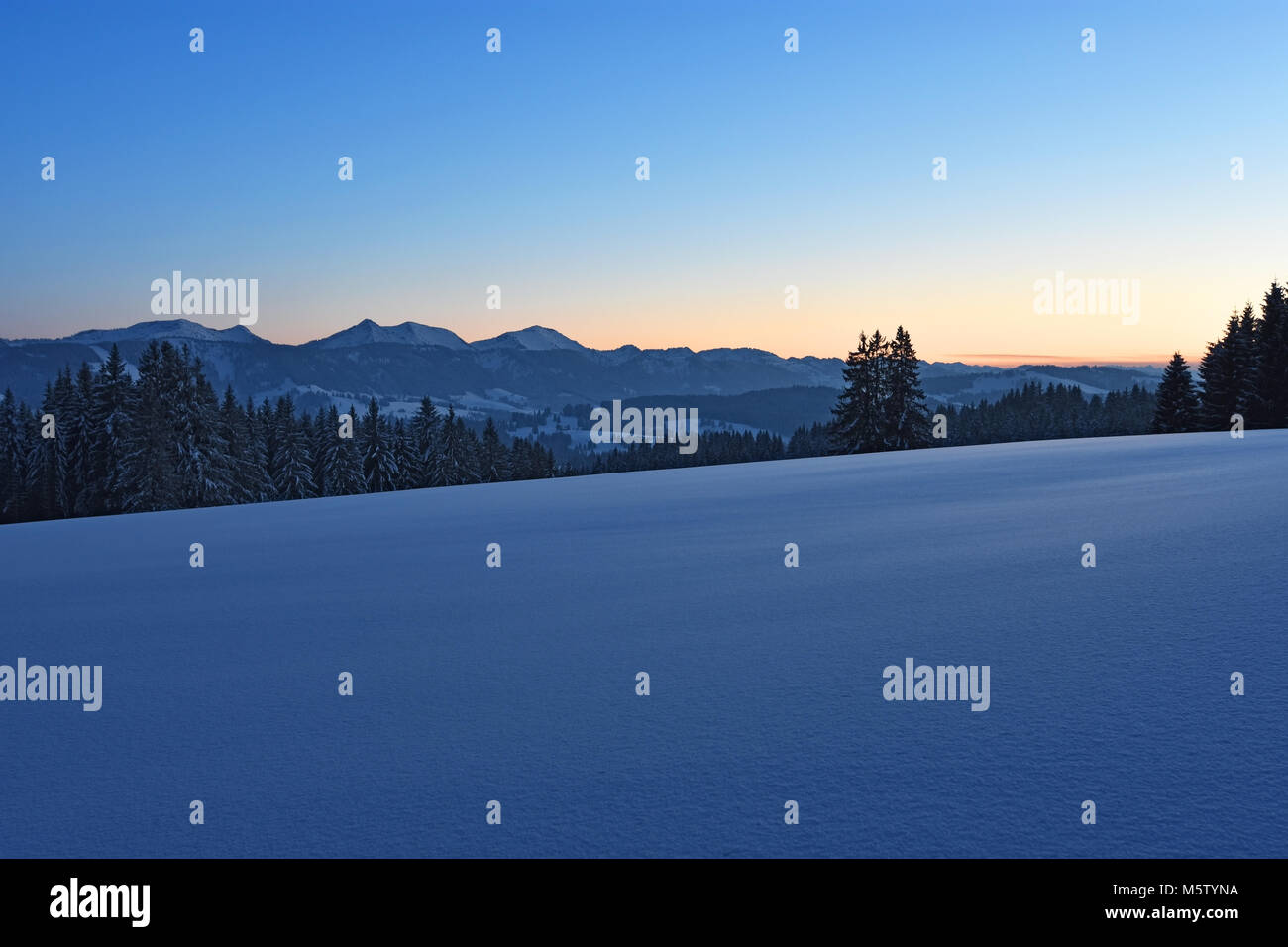 Blick auf die Allgäuer Alpen nach Sonnenuntergang an einem schönen Wintertag mit Hochgrat Berg in der Mitte. Bayern, Deutschland Stockfoto