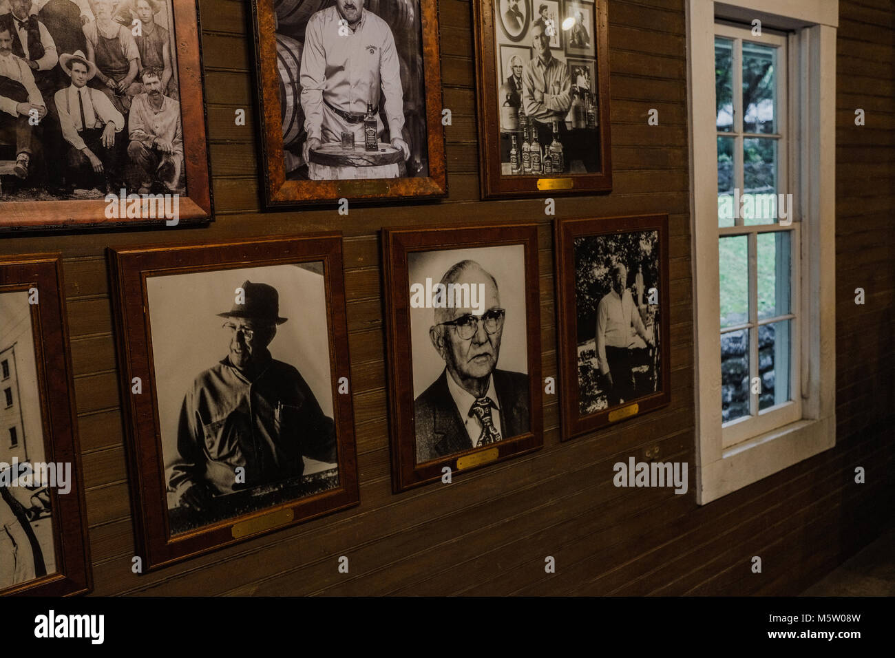 Historische Fotos in Frames auf eine Wand an der Jack Daniels Destillerie, Lynchburg, Tennessee, Nord Amerika Stockfoto