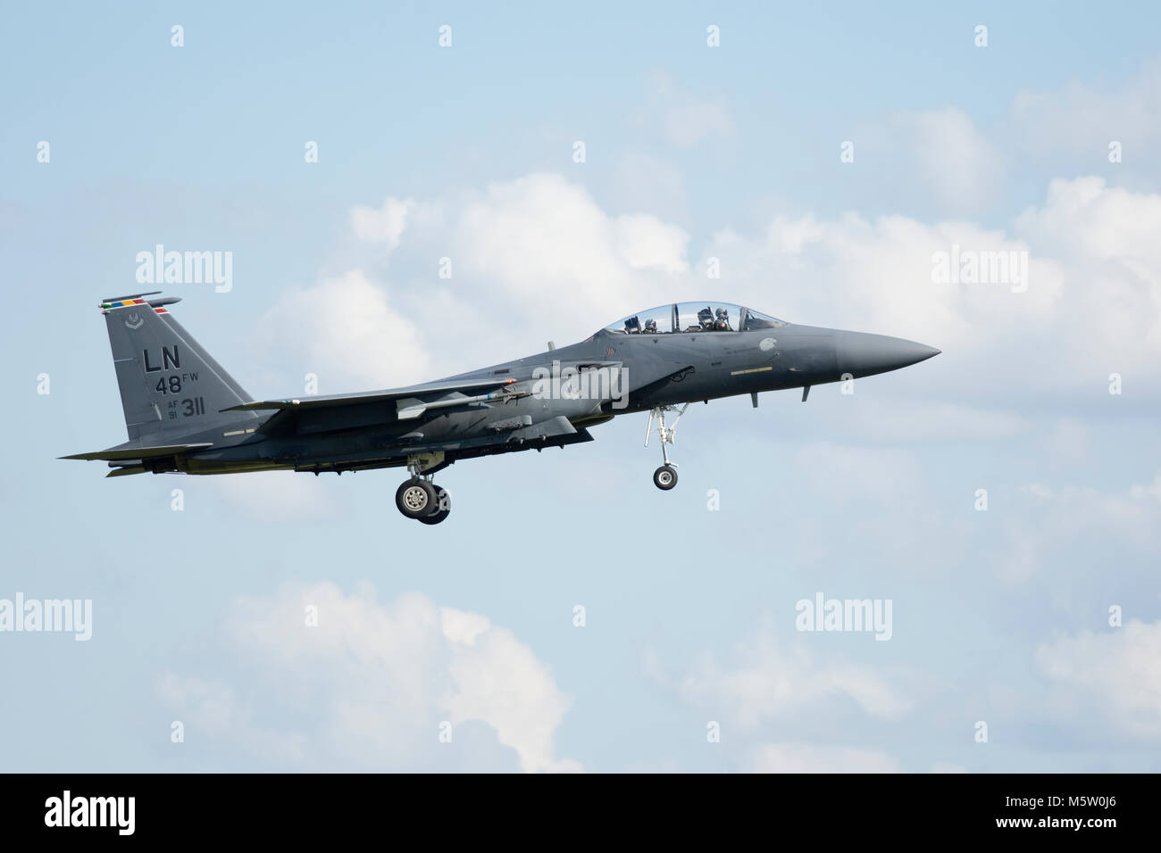 McDonnell Douglas F-15E Strike Eagle, 91-0311, der 48Th Fighter Wing Commander Aircraft, USAFE, basiert und an RAF Lakenheath, Suffolk gesehen Stockfoto