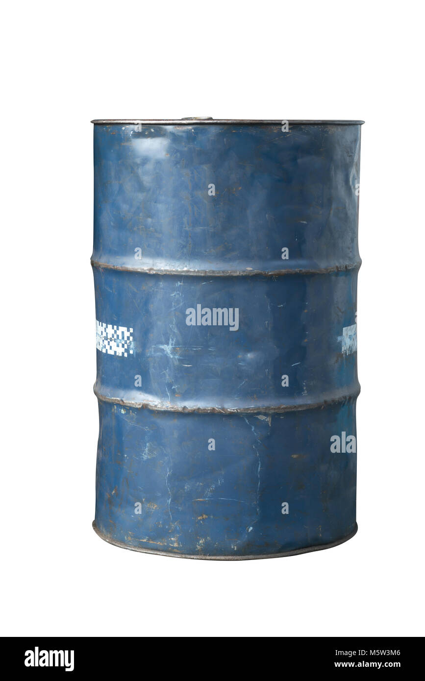 Alte blaue Öltank auf weißem Hintergrund Stockfoto