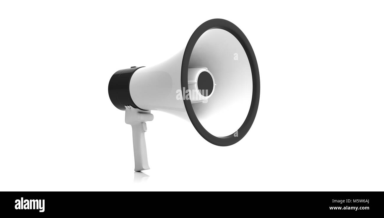 Megafon, Megaphon, weiß mit vlack Details für öffentliche Ankündigung auf weißem Hintergrund. Nahaufnahme, Ansicht von vorne. 3D-Darstellung Stockfoto