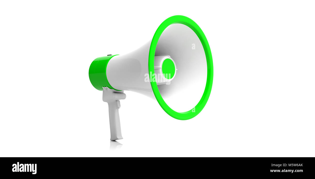 Megafon, Megaphon, weiß mit grünen Details für öffentliche Ankündigung auf weißem Hintergrund. Nahaufnahme, Ansicht von vorne. 3D-Darstellung Stockfoto