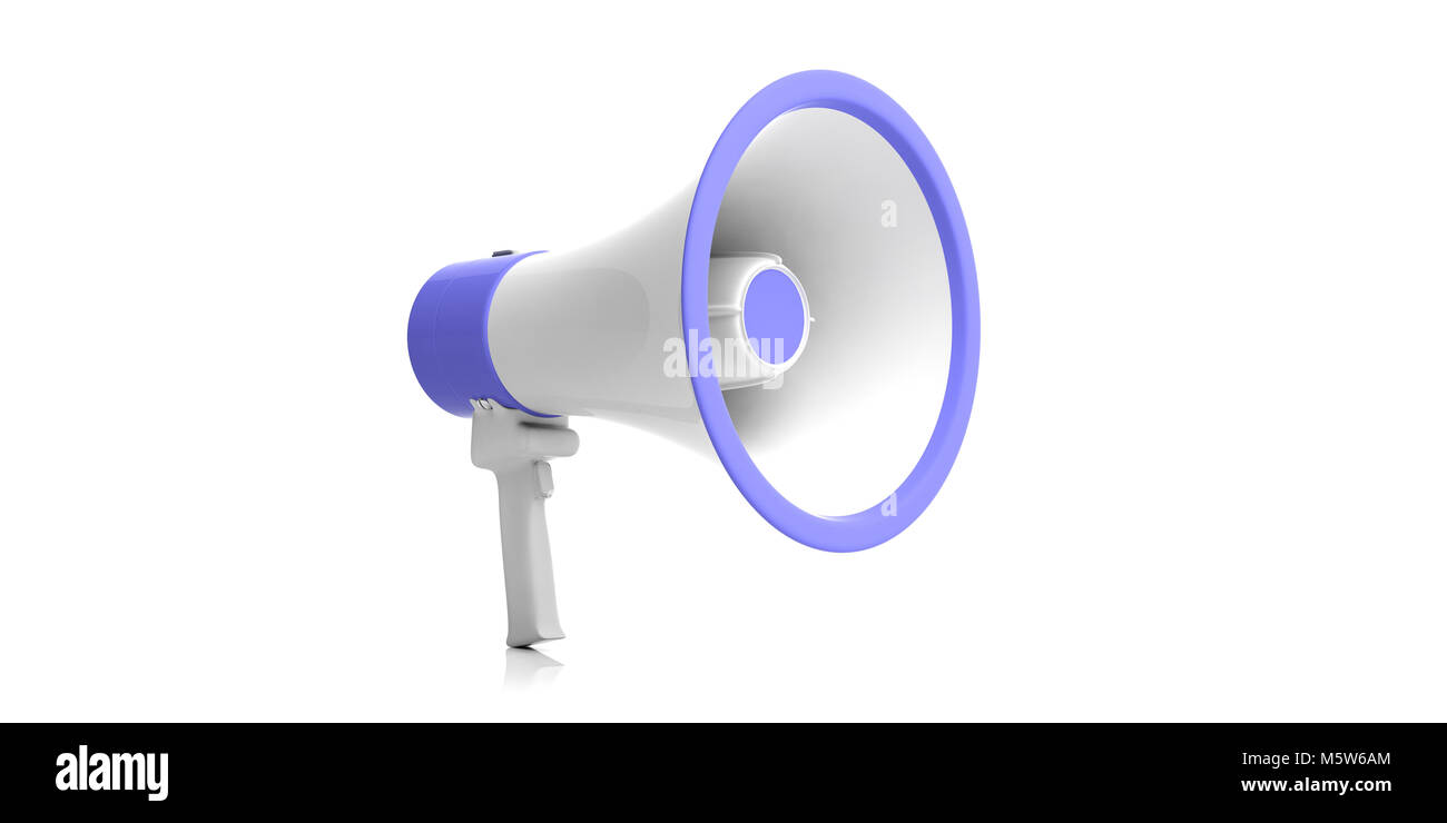 Megafon, Megaphon, Weiß mit blauen Details für öffentliche Ankündigung auf weißem Hintergrund. Nahaufnahme, Ansicht von vorne. 3D-Darstellung Stockfoto
