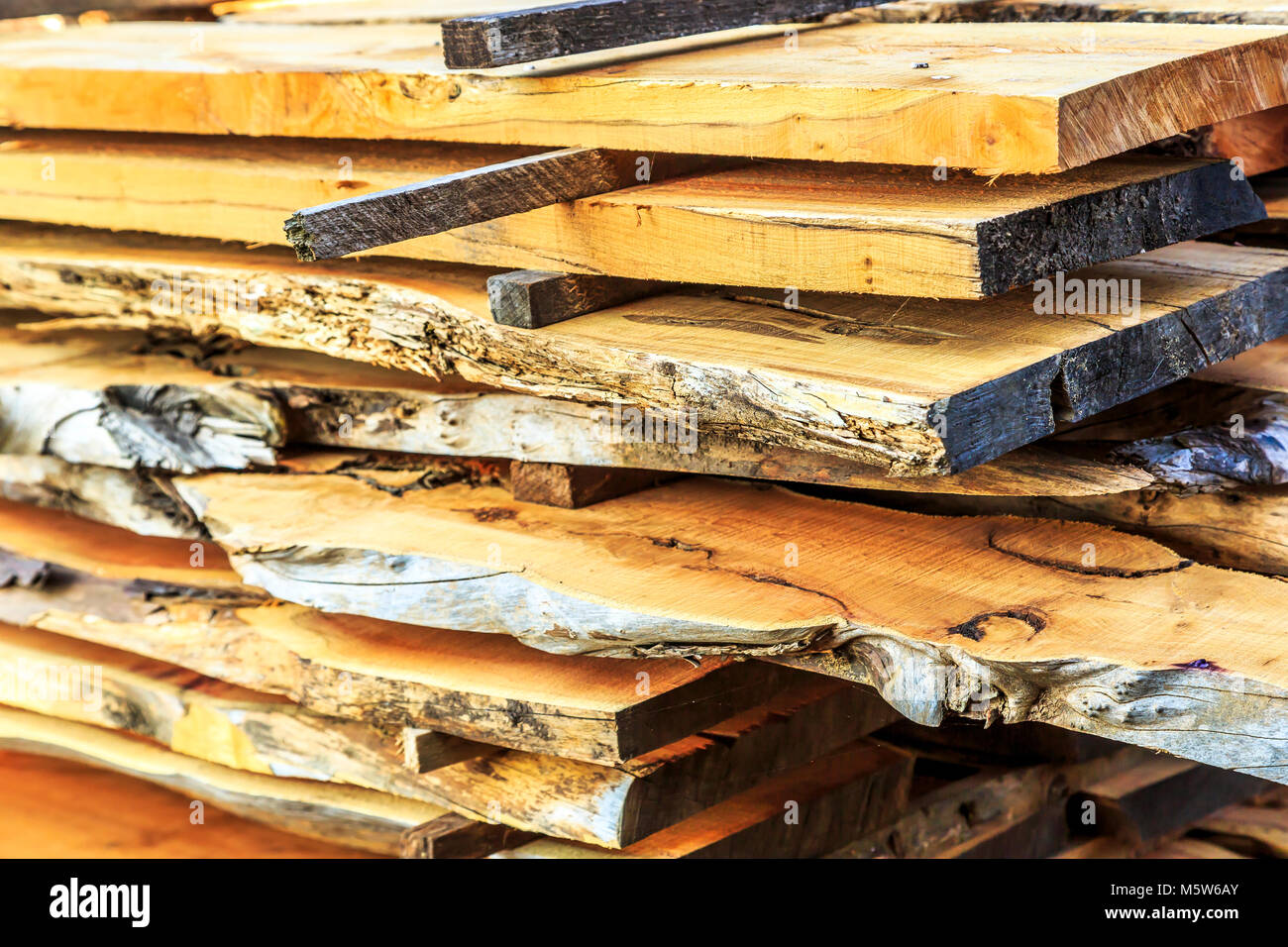 Ein Haufen von bewaldeten Planken und Holz natürlich Würzen in einem Sägewerk. Stockfoto