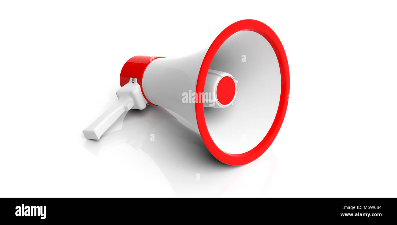 Megafon, Megaphon, weiß mit roten Details für öffentliche Ankündigung auf weißem Hintergrund. Nahaufnahme, Ansicht von vorne. 3D-Darstellung Stockfoto