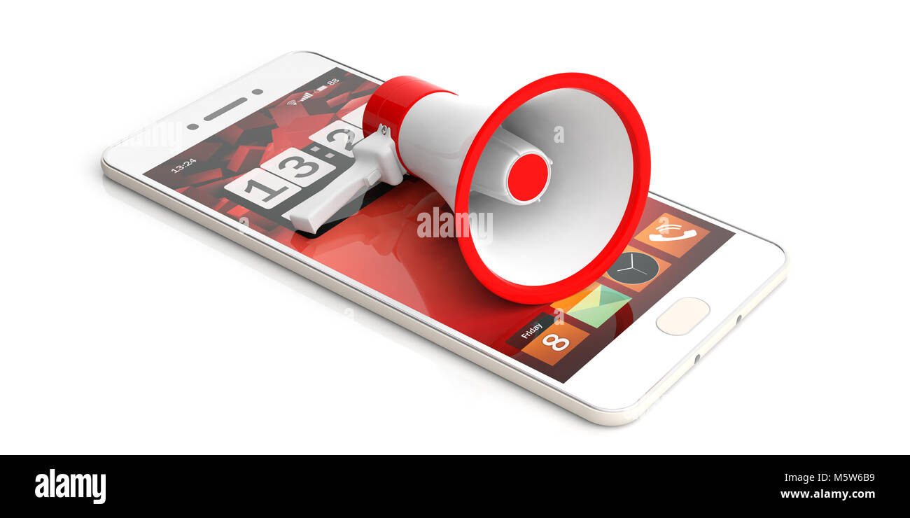 Megafon, Megaphon, das auf einem Smartphone. Mit roten Details auf weißem Hintergrund für Lautsprecher Kommunikation Megaphon.. 3D-Darstellung Stockfoto