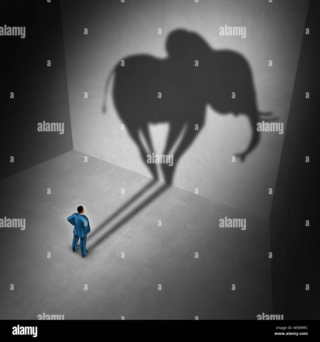 Im Zimmer Idiom und Metapher problem Konzept als Person wie ein Schatten wie ein riesiges Säugetier als Psychologie Symbol geformte Elefant. Stockfoto