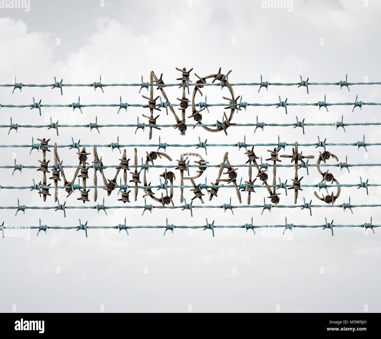 Einwanderung verbieten und Flüchtlinge, die von der Politik der Regierung verboten wie extreme Sicherheitsüberprüfung von Newcomern wie ein stacheldrahtzaun als Text geprägt. Stockfoto