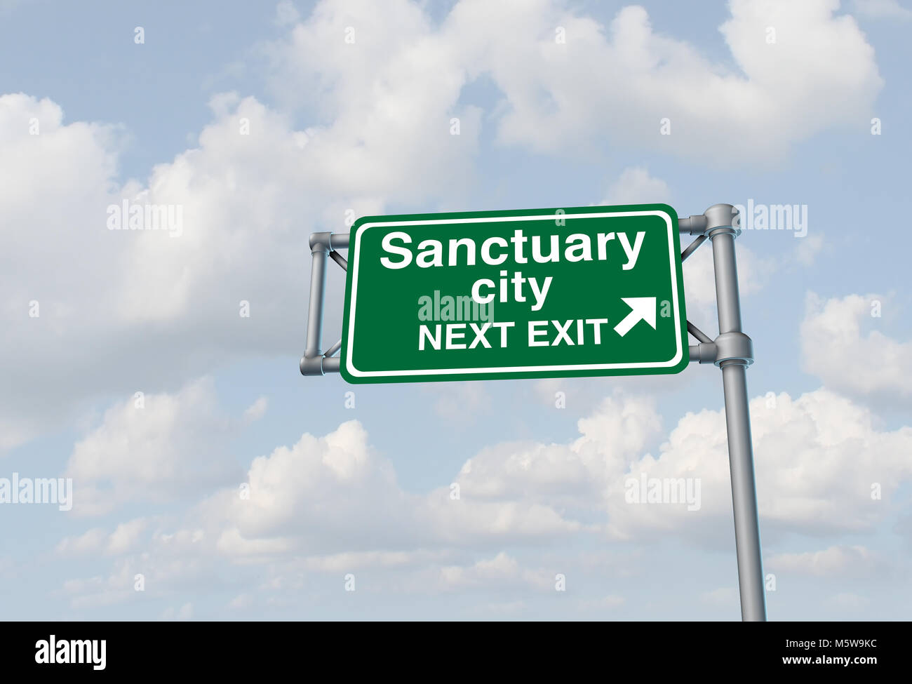 Sanctuary city Konzept und der illegalen Zuwanderung Regierung Maßnahmen wie ein Hinweisschild in Richtung Aufnahme von Immigranten. Stockfoto