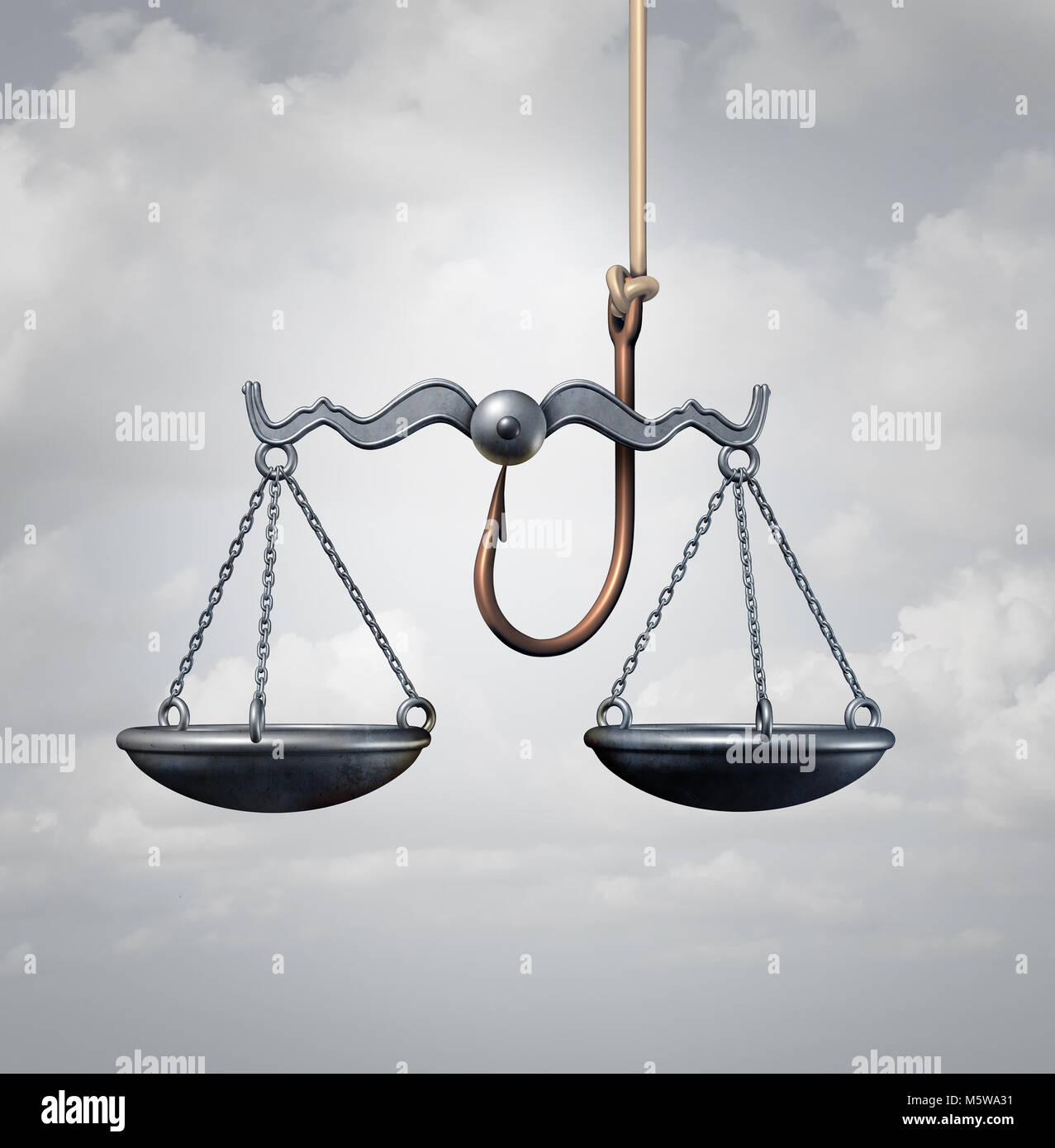 Gesetz falle oder Einklemmung und durch die Rechtsordnung Konzept als einen Haken mit einer Gerechtigkeit Maßstab als Köder als 3D-Illustration eingeschlossen Stockfoto