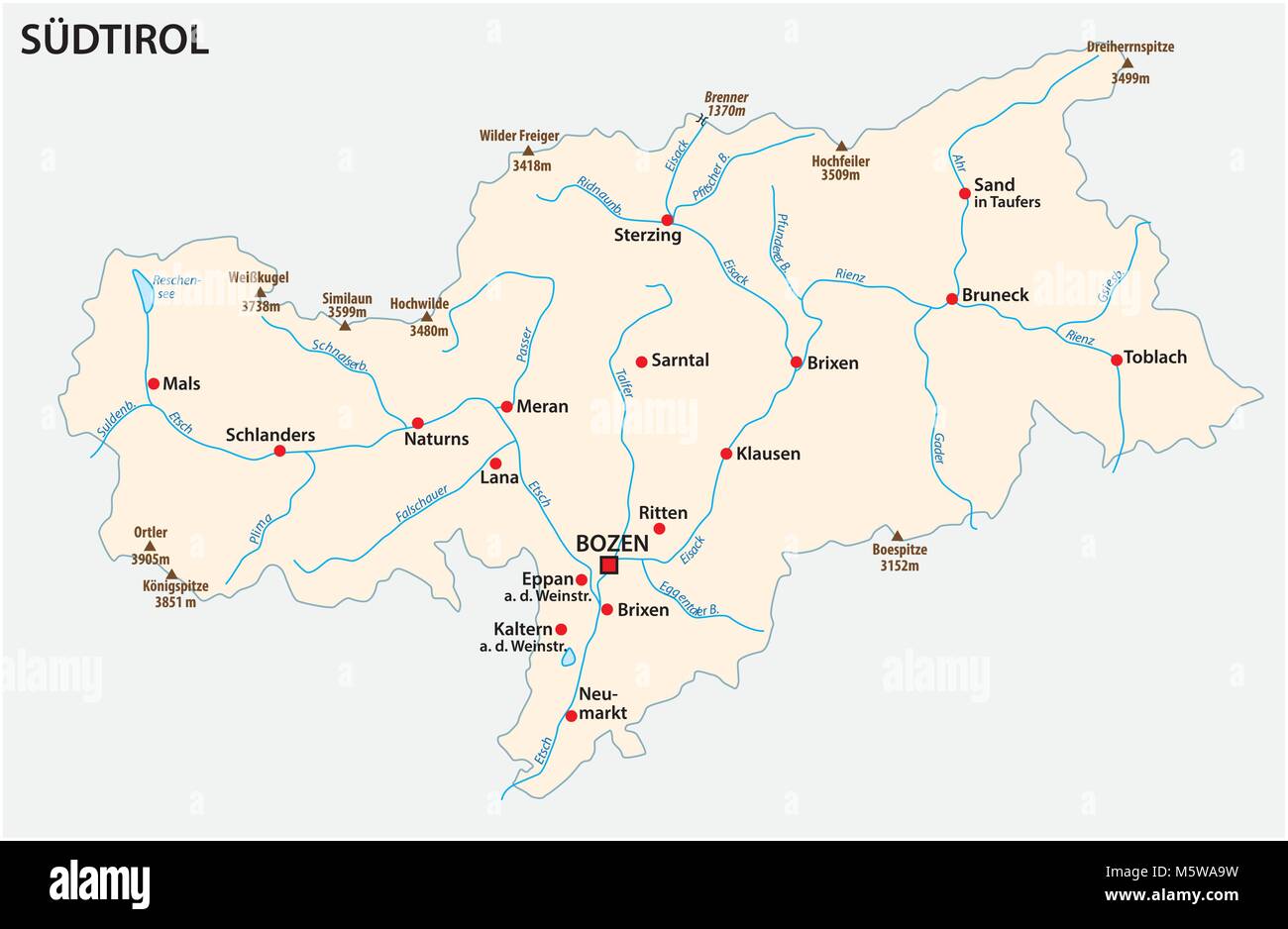 Einfache Karte von der italienischen Provinz Südtirol in deutscher Sprache Stock Vektor