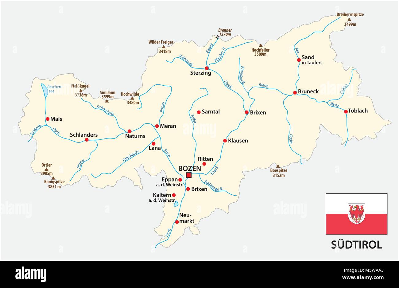 Einfache Karte von der italienischen Provinz Südtirol in deutscher Sprache mit Fahne Stock Vektor