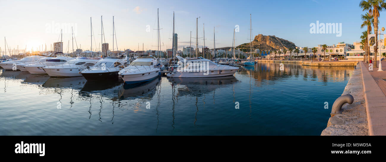 Der Yachthafen von Alicante mit der Burg Santa Barbara über, Spanien. Stockfoto