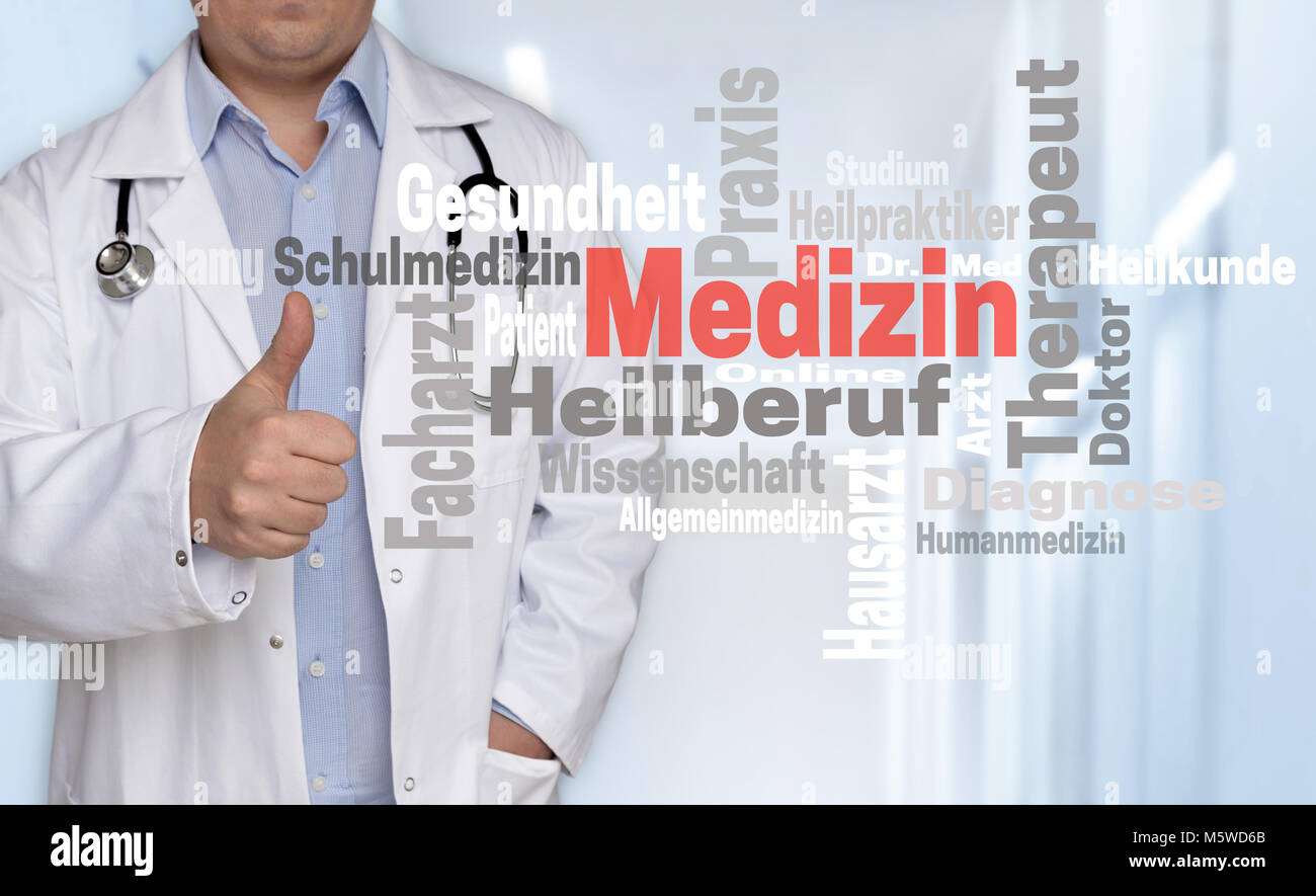 / Arzt Wissenschaft (im deutschen Medizin Arzt Wissenschaft) Word cloud Konzept und Arzt mit Daumen hoch und Arzt mit Daumen nach oben. Stockfoto