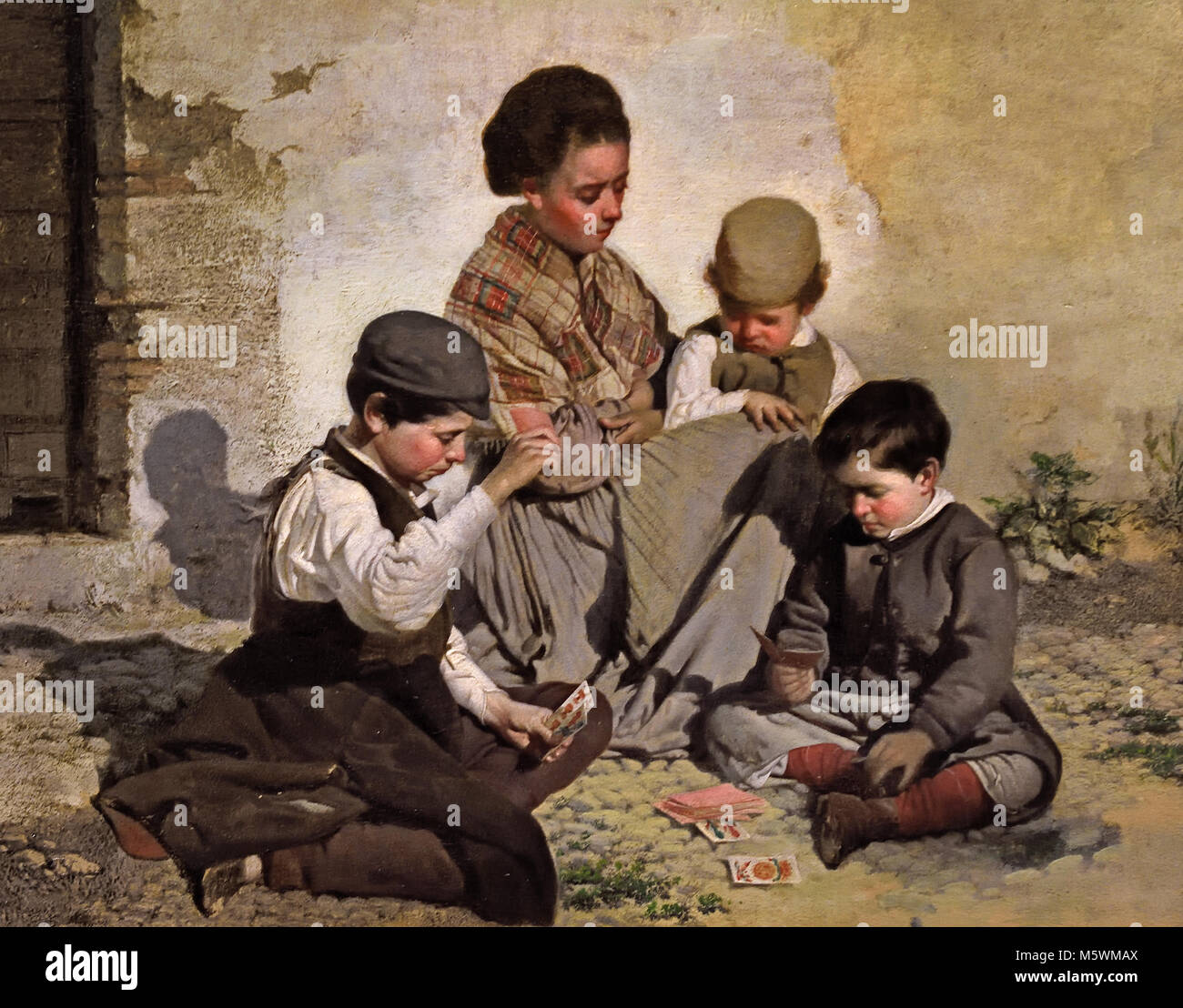 Kinder spielen mit Karten 1876/1877 Rafael Romero Barros 1832 - 1895 aus dem 19. Jahrhundert, Spanien, Spanisch, Costumbrismo Stil Stockfoto