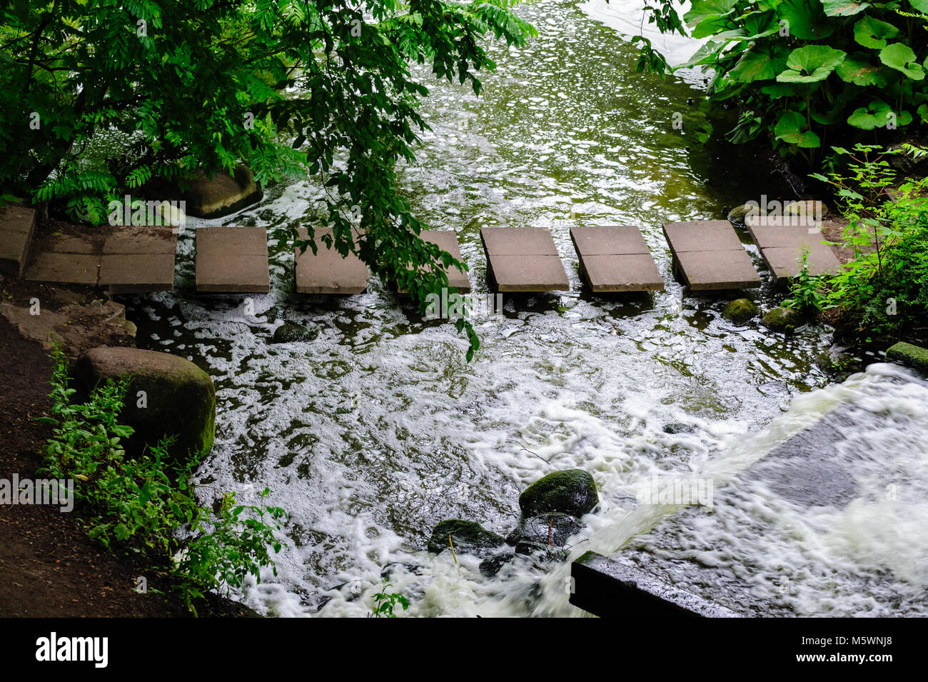 Wasserfall und eine Fußgängerbrücke überqueren swirly Wasser bei Tageslicht in Hamburg Planten un Blomen. Stockfoto