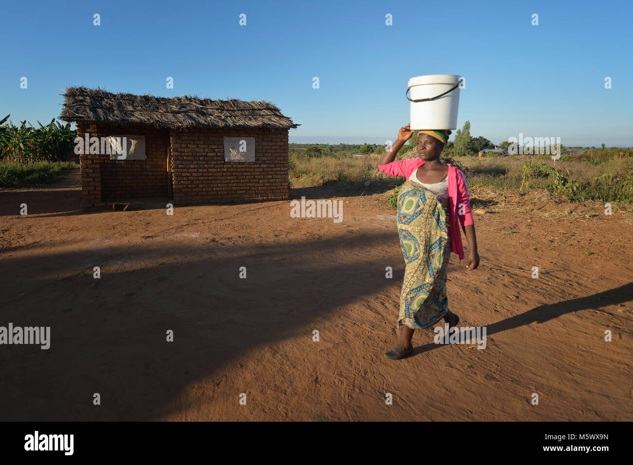 Misuzi Tembo trägt Wasser zu ihrem Haus in Kayeleka Banda, Malawi. Stockfoto