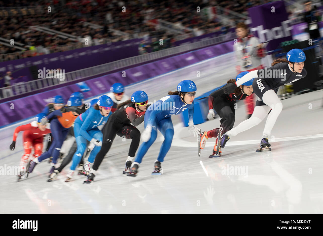 Starterfeld, Aktion, Pulka Finale Massenstart der Frauen, am 24.02.2018 Olympische Winterspiele 2018, vom 09.02. - 25.02.2018 in PyeongChang/Suedkorea. | Verwendung weltweit Stockfoto