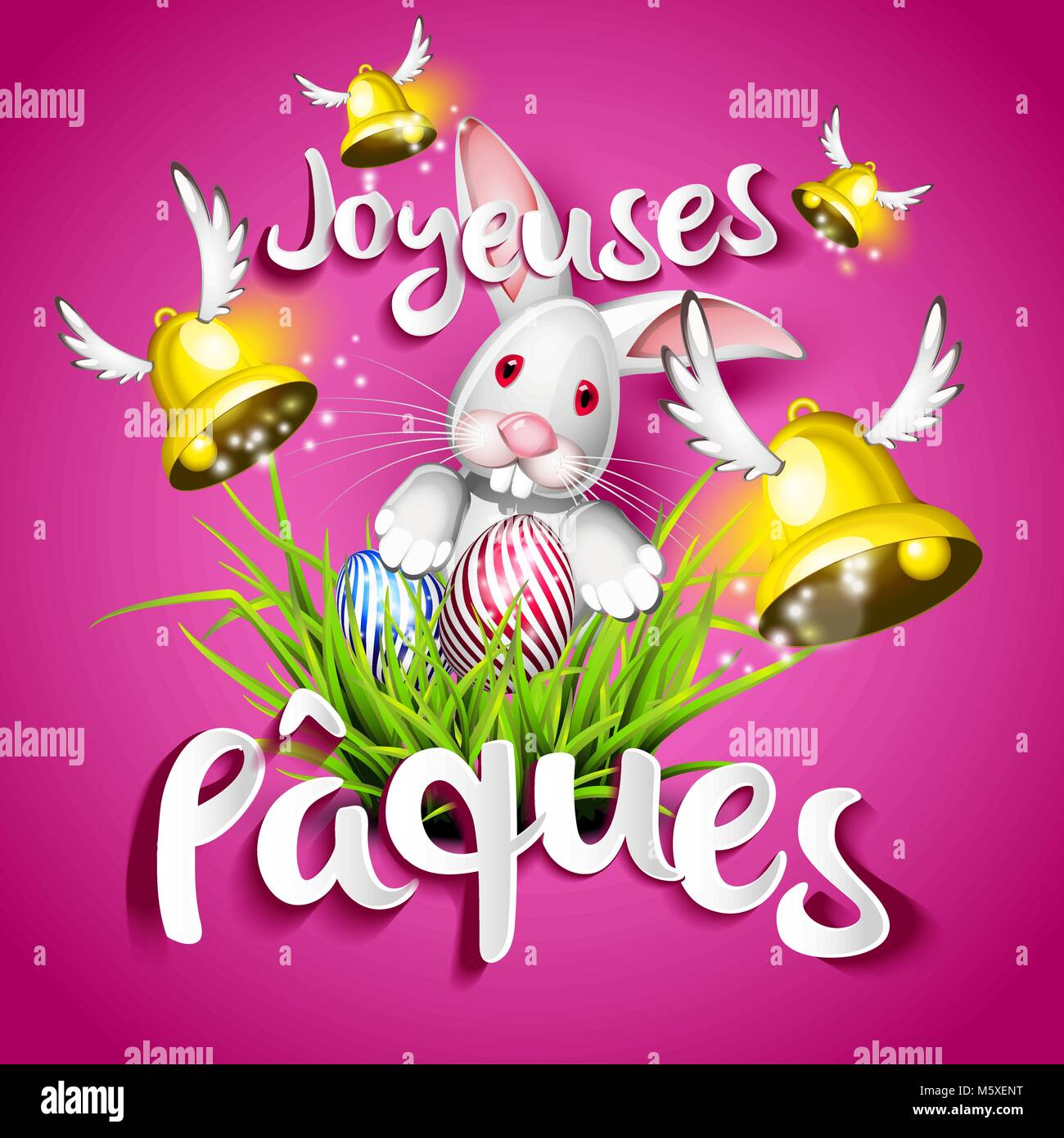 Frohe Ostern, Eier, Glocken und Kaninchen über lila Hintergrund Stock Vektor