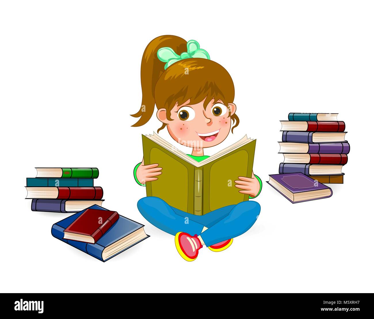 Happy girl lesen Buch 1. Mädchen mit Buch in den Händen auf einem weißen Hintergrund. Mädchen ein Buch lesen. Mädchen sitzen unter Bücher. Stock Vektor