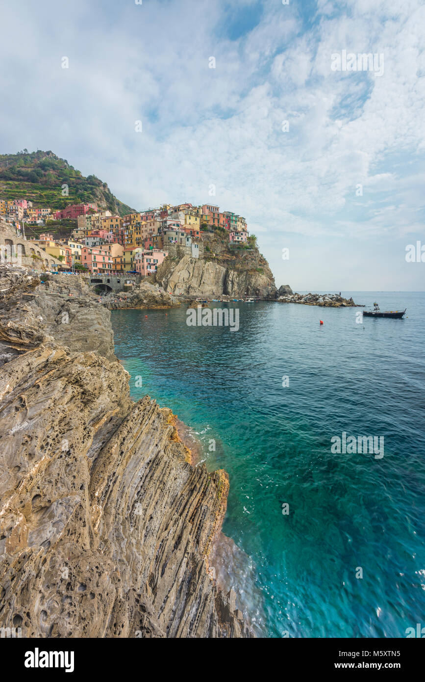 Manatola, Cinque Terre, Ligurien, Italien. Das schöne Dorf in Manarola, Unesco Weltkulturerbe Stockfoto
