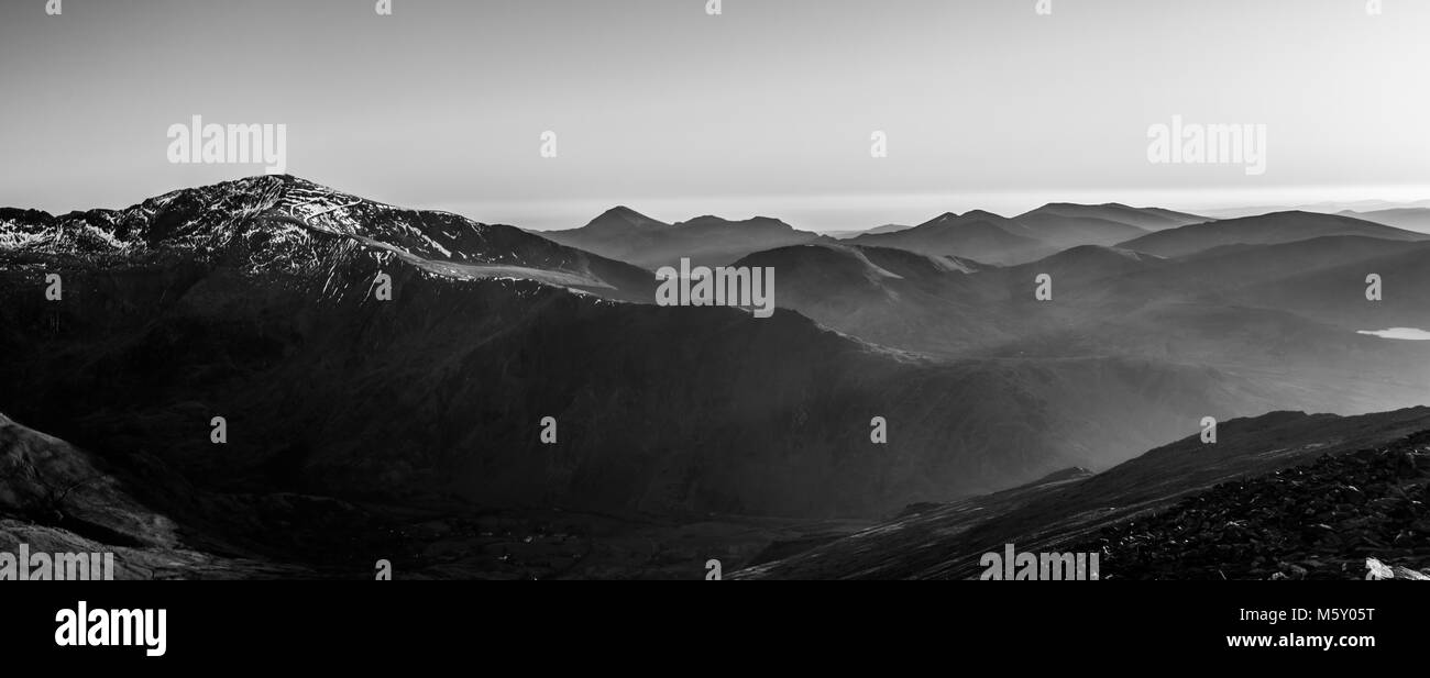 Snowdonia Panorama bei Sonnenuntergang Stockfoto