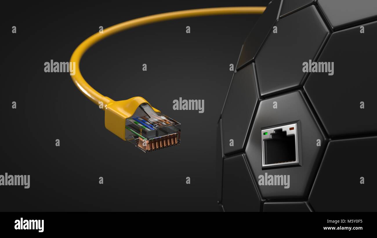 Kabel Internet- und sechseckigen tech Hub. Konzeptionelle 3d-Abbildung: Ethernet Kabel und RJ-45 Stecker. Stockfoto