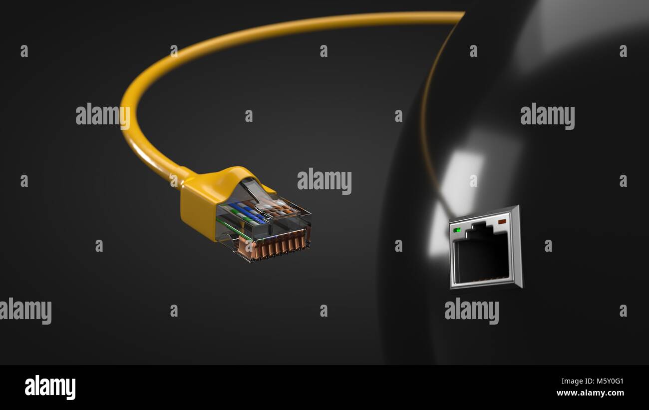 Kabel Internet und Tech hub Sphäre. Konzeptionelle 3d-Abbildung: Ethernet Kabel und RJ-45 Stecker. Stockfoto