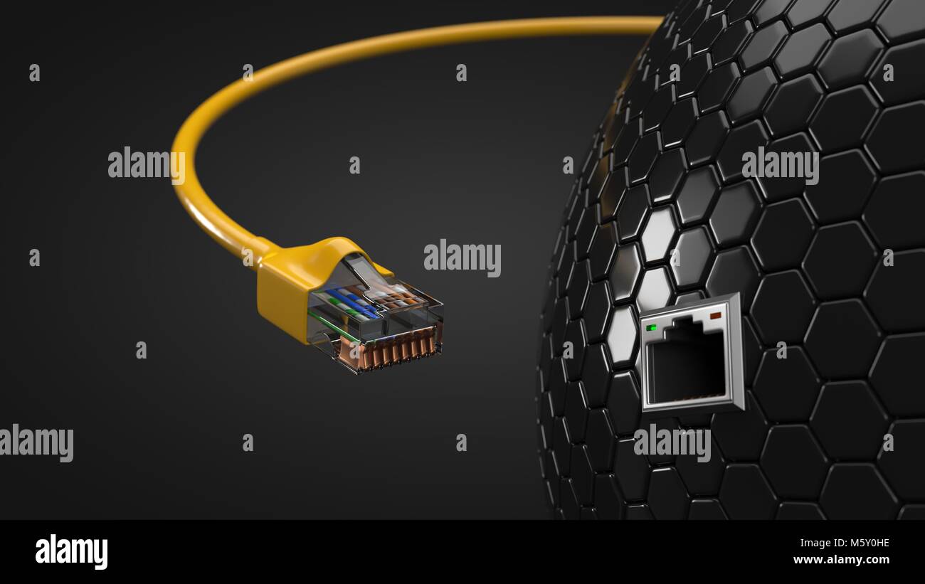 Kabel Internet- und sechseckigen tech Hub. Konzeptionelle 3d-Abbildung: Ethernet Kabel und RJ-45 Stecker. Stockfoto