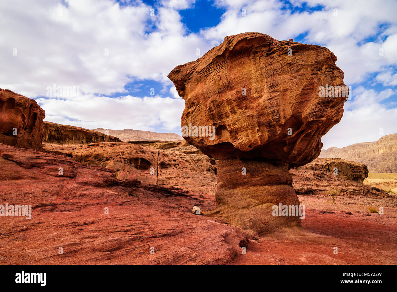 Geologische Felsformation namens Pilz mit roten Felsen in Timna Park in trockenen Sandstein Wüste Negev, Eilat, Israel umgeben. Winter sonniger Tag mit Stockfoto