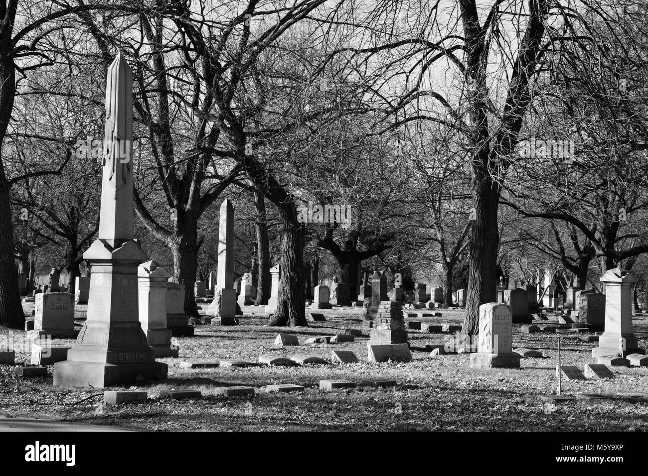 Ernste Markierungen am historischen Nordseite Rosehill Cemetery, Chicagos größte Begräbnisstätte. Stockfoto