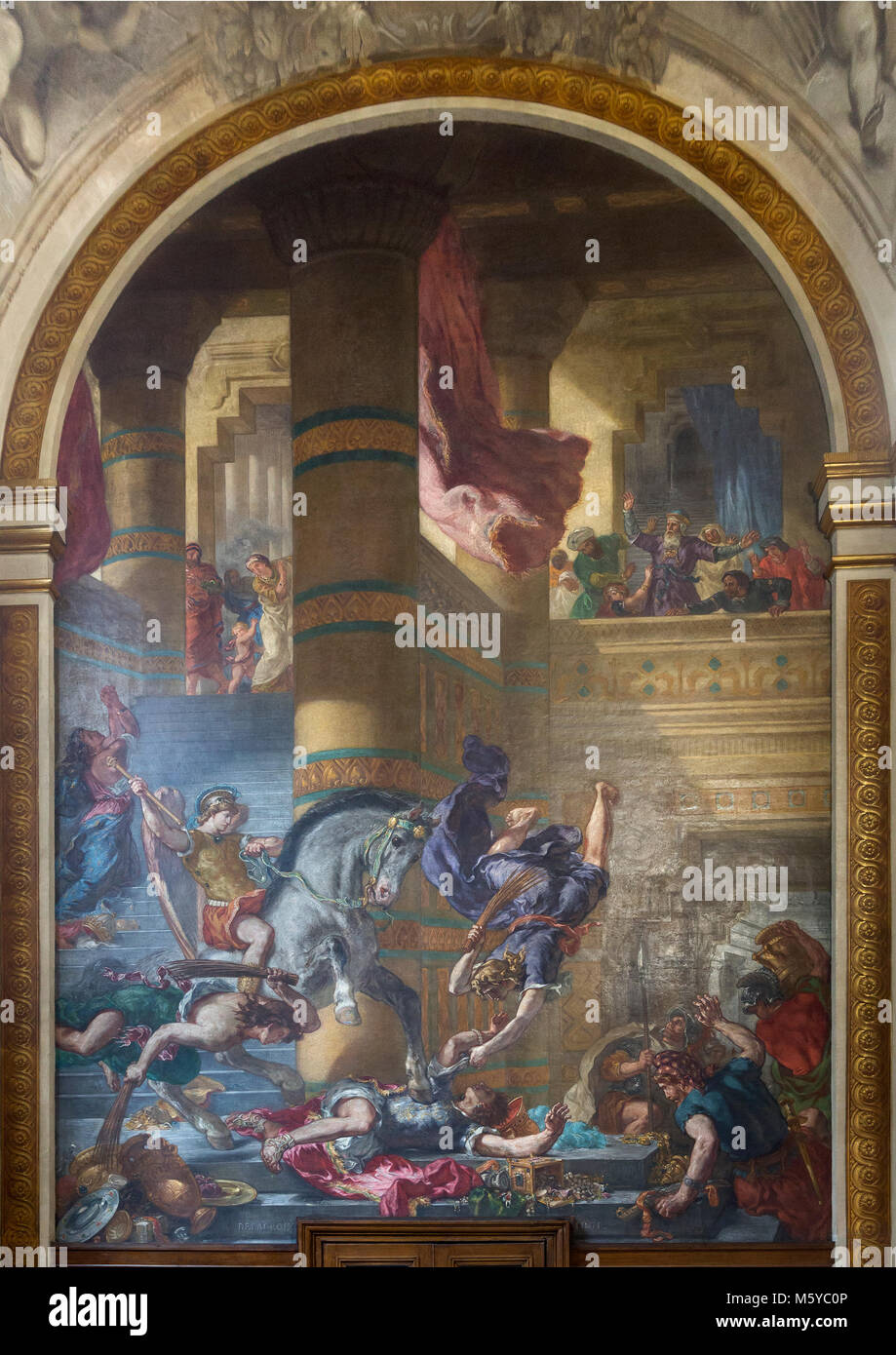 Eugène Delacroix Wandgemälde von Heliodorus, angetrieben vom Tempel in der Kapelle der Schutzengel in der Kirche Saint-Sulpice in Paris, Frankreich Stockfoto