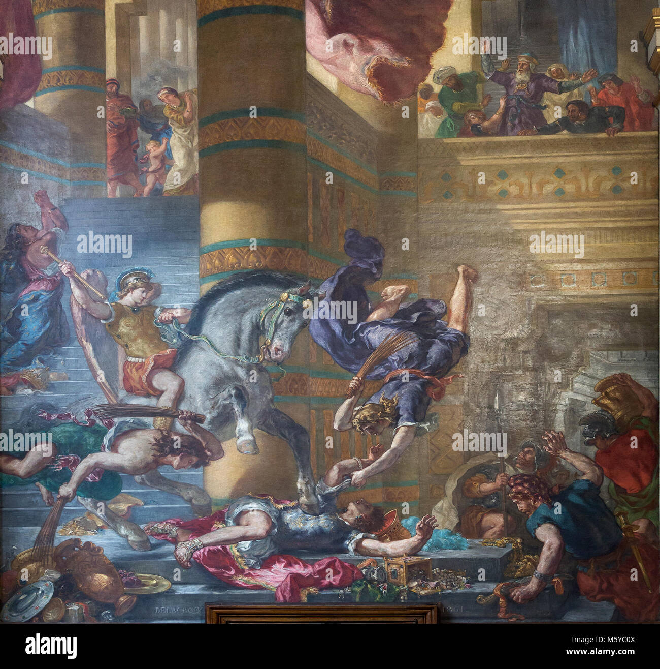 Eugène Delacroix Wandgemälde von Heliodorus, angetrieben vom Tempel in der Kapelle der Schutzengel in der Kirche Saint-Sulpice in Paris, Frankreich Stockfoto