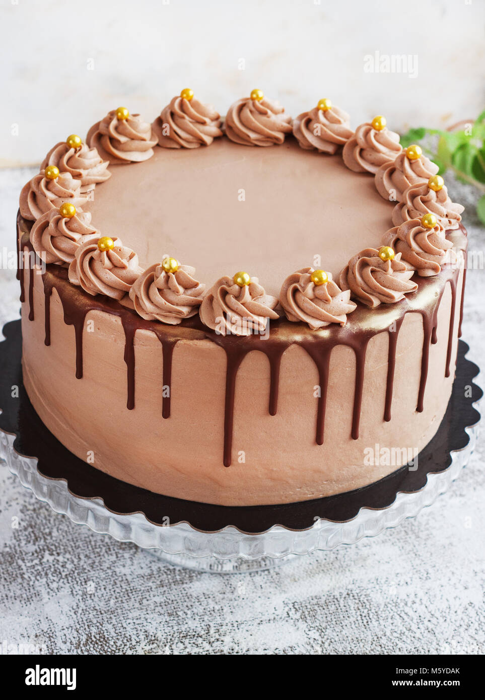 Chocolate Fudge Kuchen mit der Glasur beträufelt und Locken Stockfoto