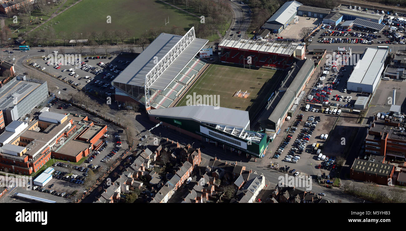 Luftaufnahme von Welford Road Stadium, Rugby, Leicester, Großbritannien Stockfoto