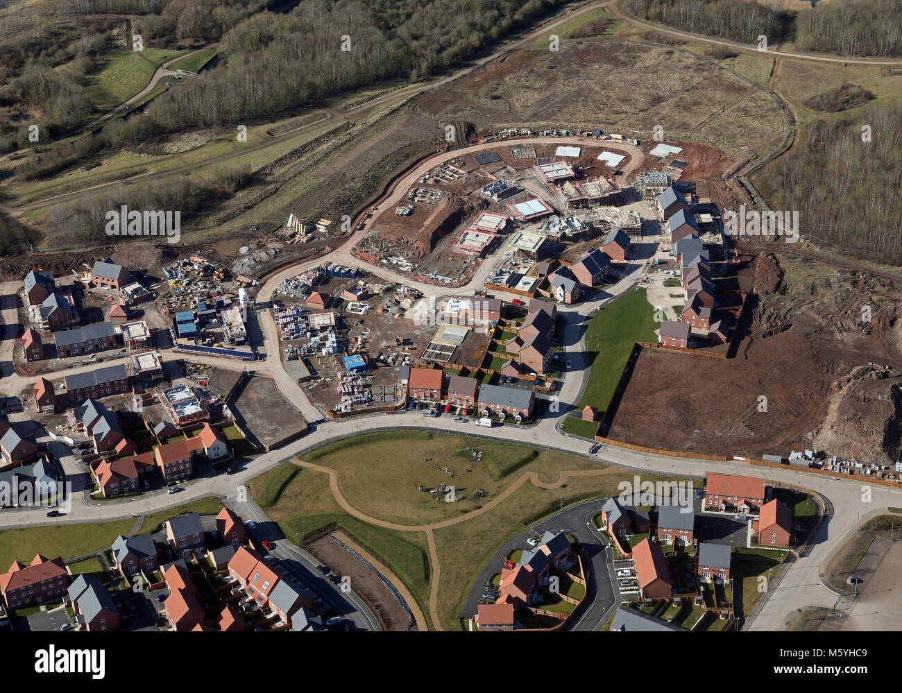 Luftaufnahme von einer Entwicklung des neuen Gehäuses in Nottinghamshire, Großbritannien Stockfoto