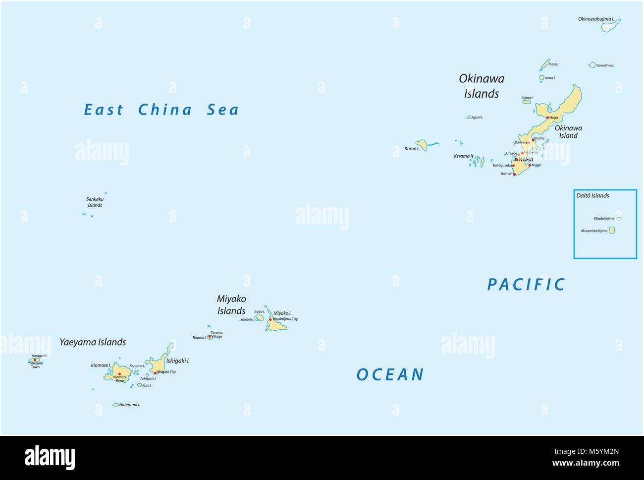 Detaillierte Vektorkarte der japanischen Insel Okinawa und Miyako und Gruppen Yaeyama Inseln, Japan Stock Vektor