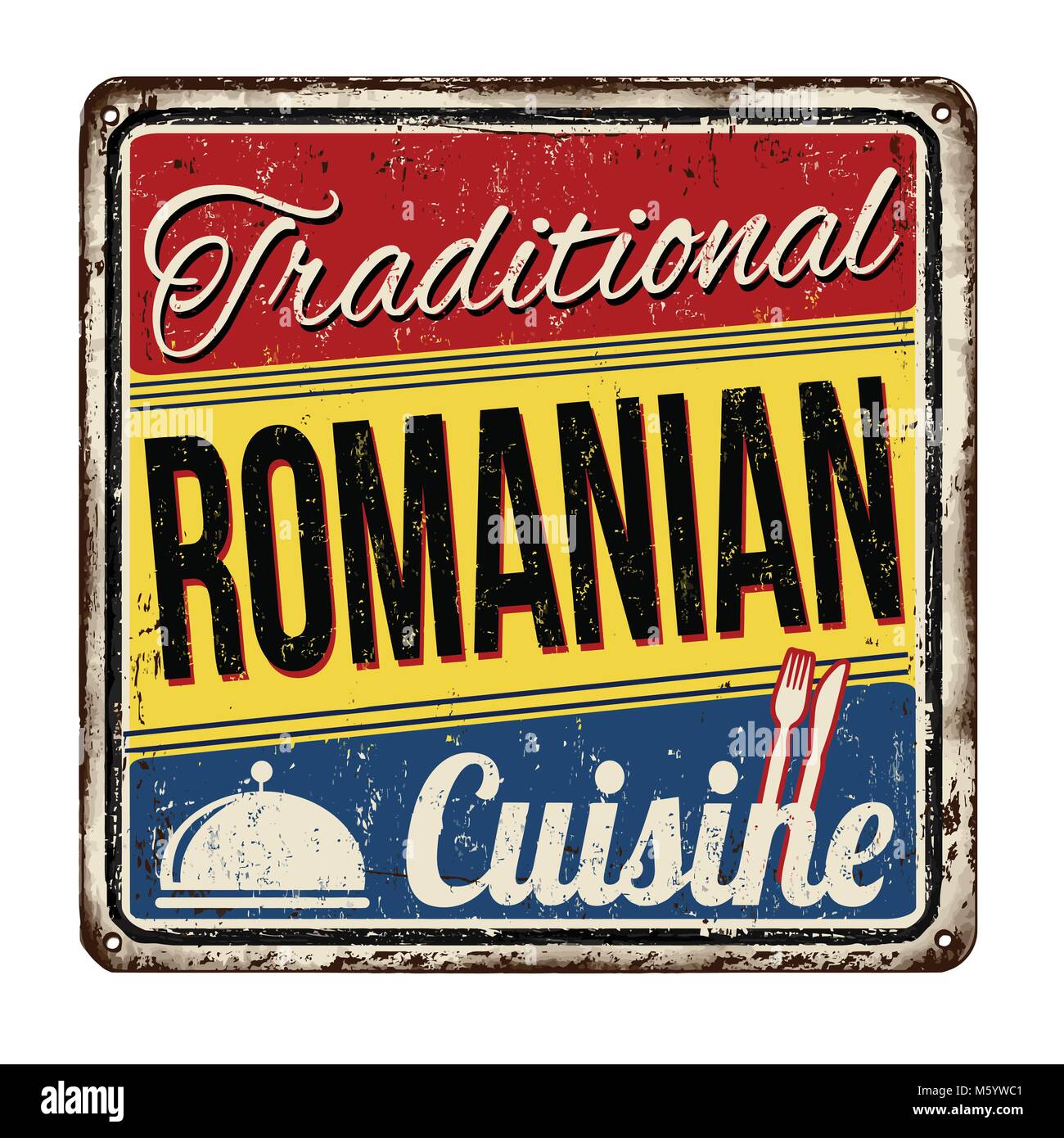 Traditionelle rumänische Küche vintage rostiges Metall Zeichen auf weißem Hintergrund, Vector Illustration Stock Vektor