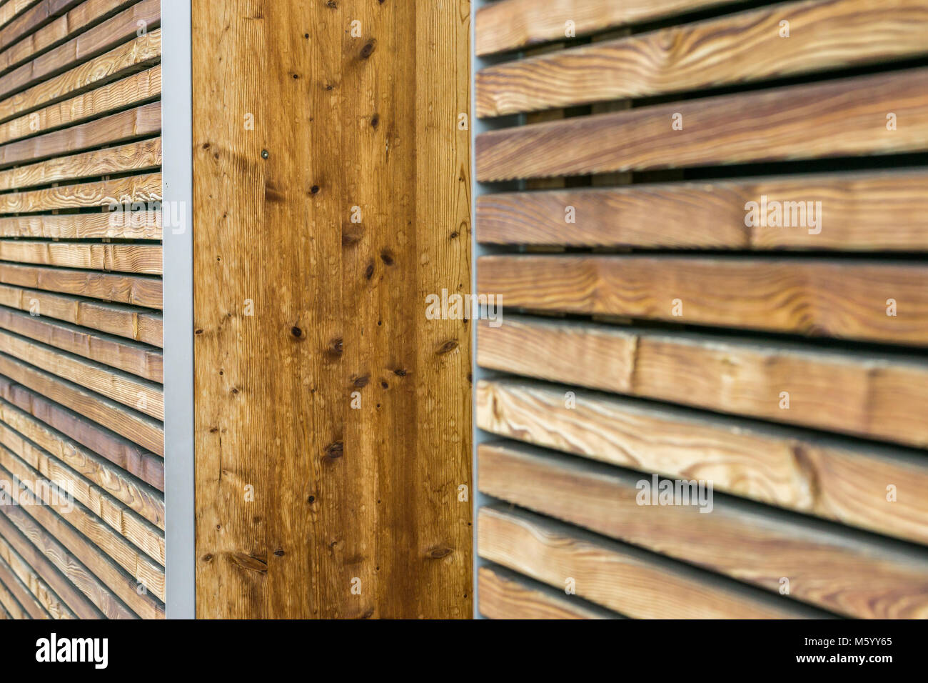 Textur eines modernen Holz- wand aus Latten. schrägansicht. Stockfoto