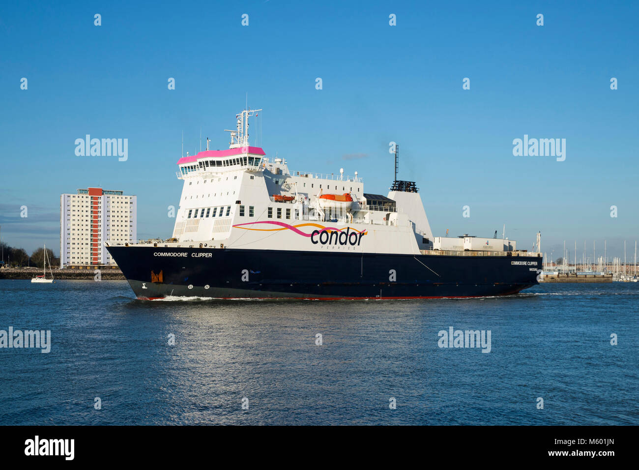 Condor Ferries Commodore 434 verlassen, Portsmouth, UK am 5. Februar 2018 Stockfoto