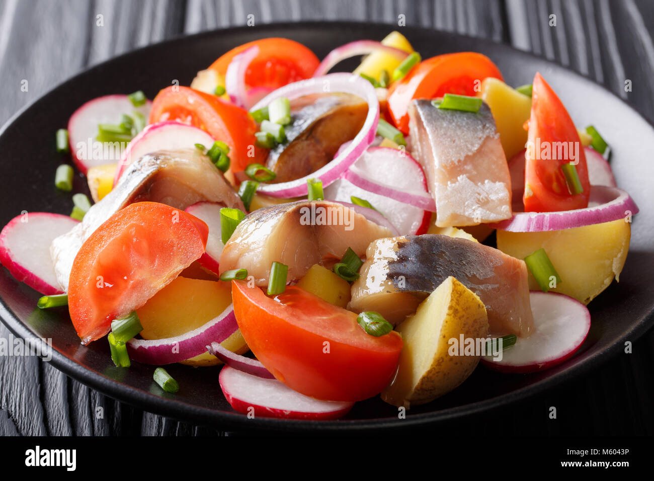 Lecker Salat mit geräucherter Makrele mit Kartoffeln, Radieschen und Tomaten close-up auf einem Teller. Horizontale Stockfoto