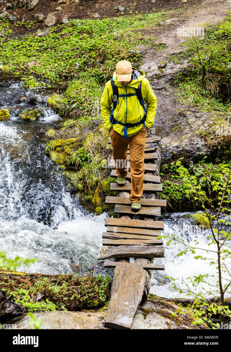 Sendero ein Velo La Cascada de La Novia; Trekker Kreuzung Fußgängerbrücke auf dem Weg zum Velo de La Novia Wasserfall, Ushuaia, Argentinien Stockfoto