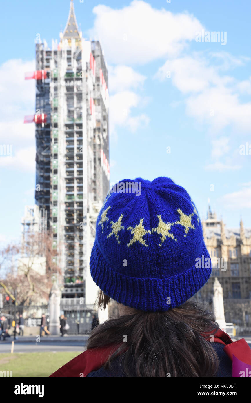 Pro EU-Befürworter trägt einen blauen Wooly hat mit Euro-Sterne mit Blick auf den Big Ben und die Houses of Parliament, Parliament Square, London, UK Stockfoto