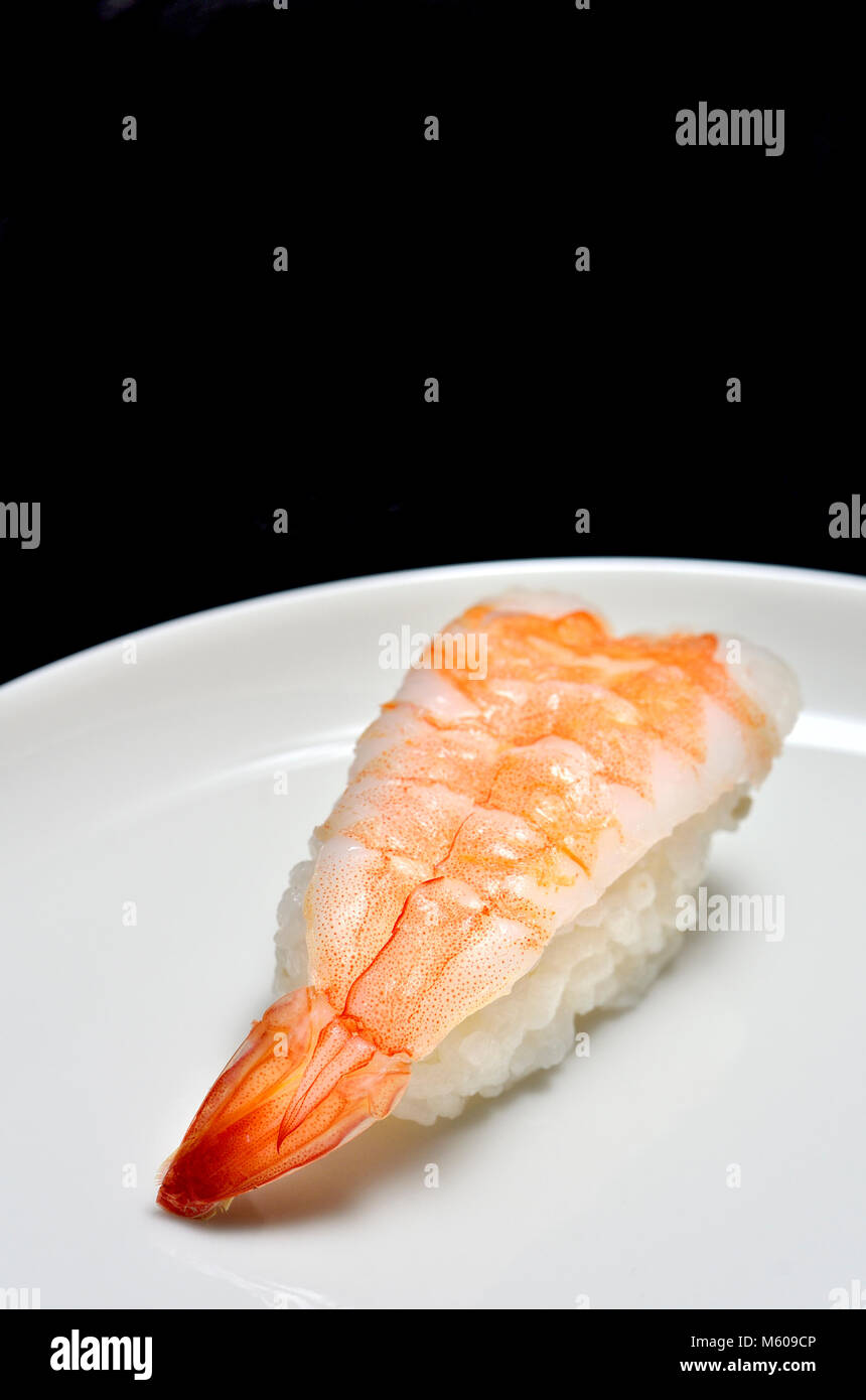 Sushi auf einem weißen Teller: Nigiri (Fisch serviert auf Reis) Stockfoto