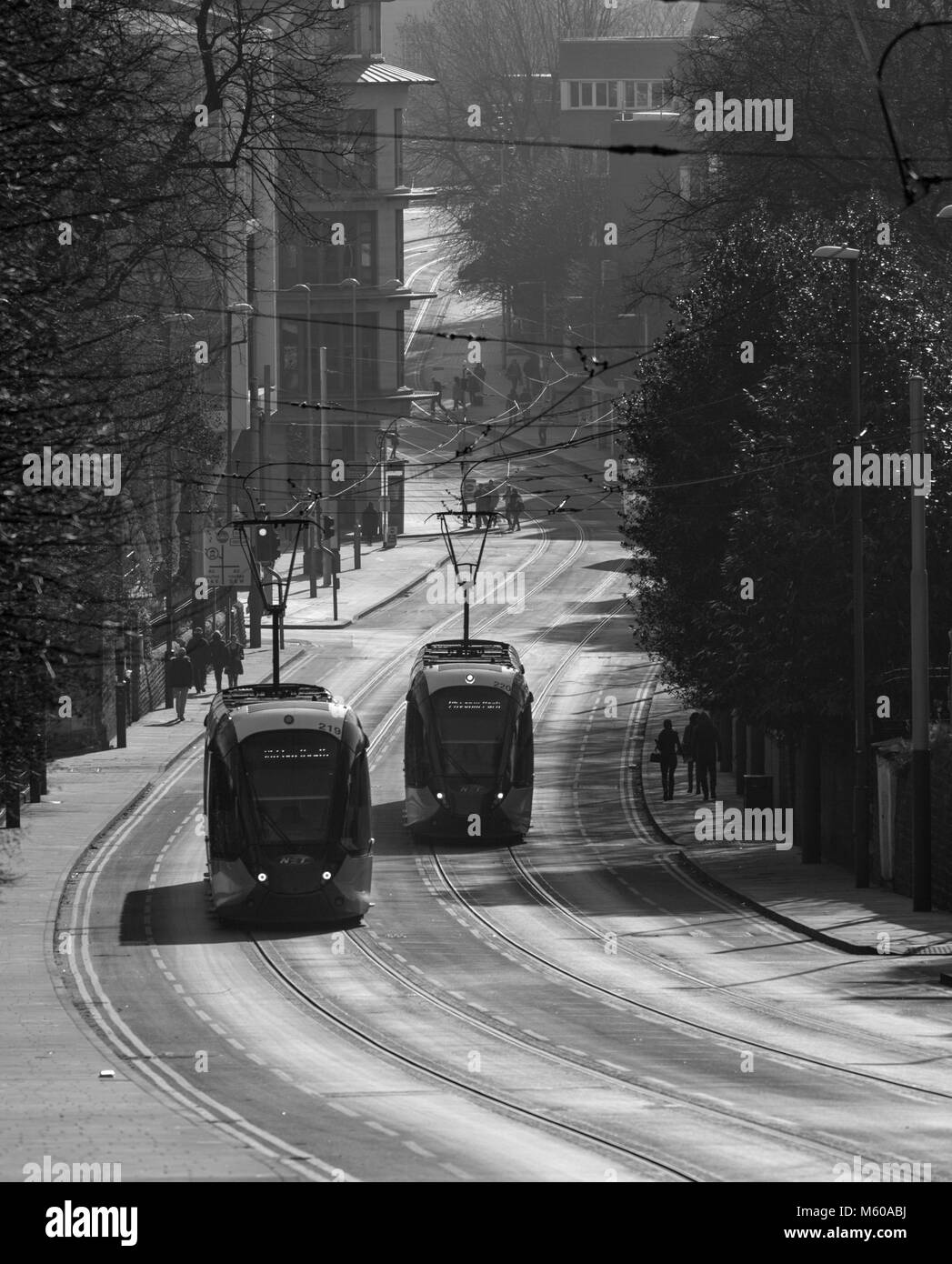 Waverley Street Nottingham. Alstom Citidas Straßenbahnen 220 Christina O'Loughlin und 219 Alan Sillitoe vorbei Stockfoto