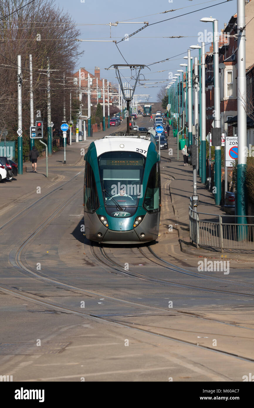 Alstom Citidas Tram 37 Stuart breit Am Wald, Nottingham arbeiten eine Hucknall - toton Lane Service Stockfoto